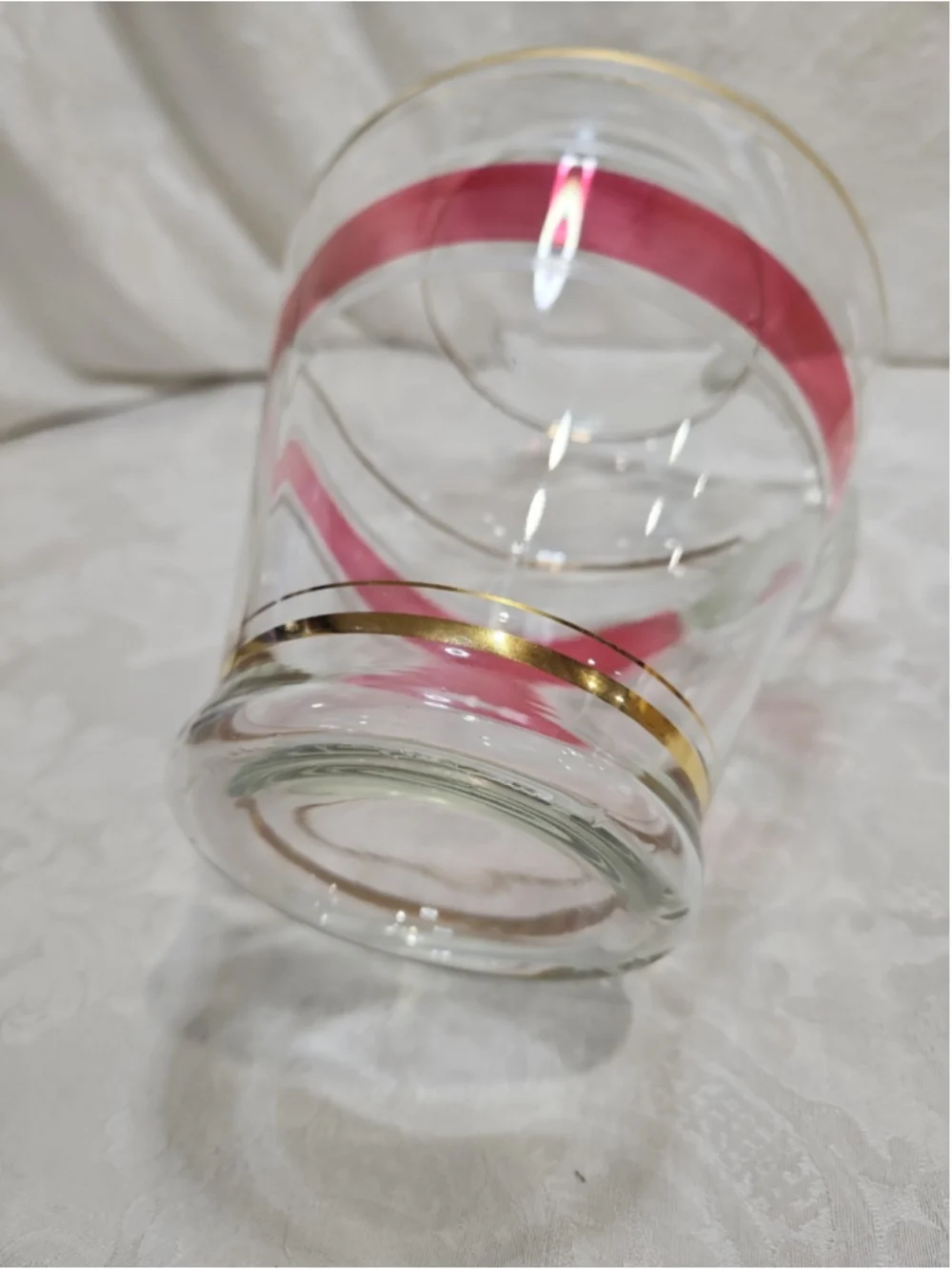 MCM Glass Pitcher Ice Lip Pink White Enamel Stripe Gold Trim Ribbed Handle